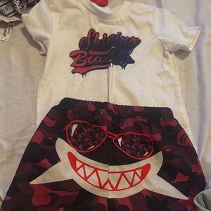 SHEIN White and Purple Kids Graphic Shorts Set